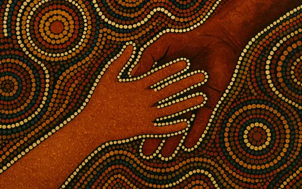 4K Ultra HD PC desktop wallpaper and background: Aboriginal-style dotted artwork of two overlapping hands amid concentric dot patterns in warm ochre, brown and green — human touch.