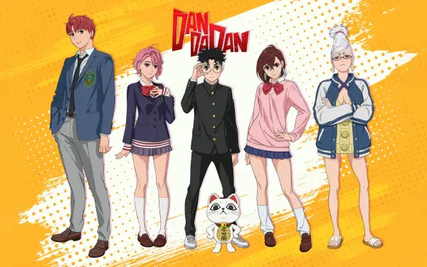 Vibrant Dandadan 5K Ultra HD PC Desktop Wallpaper and Background: five characters and a small white cat pose against a textured yellow backdrop.