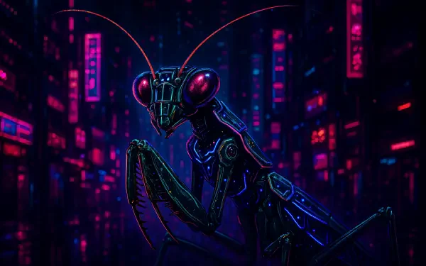 Cyberpunk praying mantis as a 4K Ultra HD PC desktop wallpaper and background: neon-lit insect with glowing eyes and circuitry against a rain-soaked, neon cityscape.