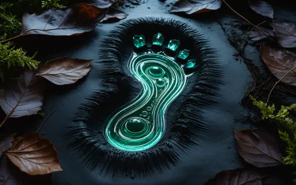 4K Ultra HD PC desktop wallpaper and background: glowing neon footprint-shaped circuitry in a dark puddle, framed by wet leaves and moss.