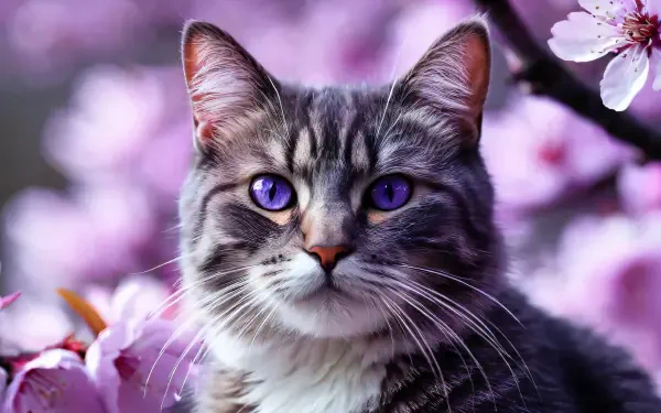 Cat, Feline, Animal: close-up of a grey tabby with vivid violet eyes among pink blossoms — 2K Quad HD PC desktop wallpaper and background.