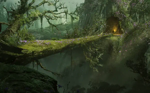 5K Ultra HD PC desktop wallpaper of a green fantasy adventure video game scene from Ashes of Creation: a moss-covered bridge spanning a foggy chasm toward a cave-lit root entrance.