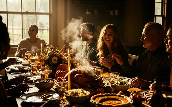 Aesthetic Thanksgiving: warm, candlelit table with roasted turkey, pies and fall decor, guests laughing and sharing a meal — 4K Ultra HD PC desktop wallpaper and background.