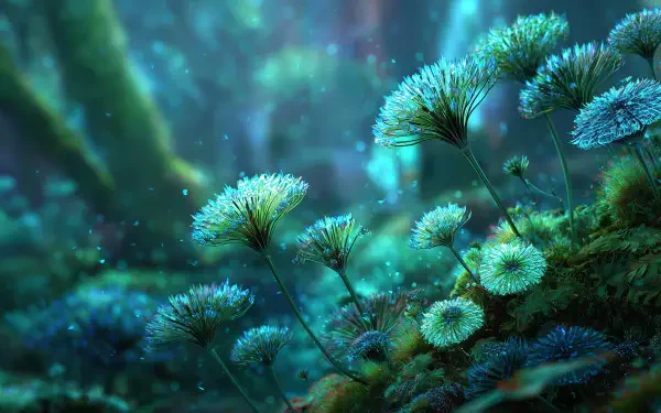 2K Quad HD PC desktop wallpaper: magical bioluminescent forest with glowing plants, turquoise lights, and delicate luminous ferns and moss forming an otherworldly background.