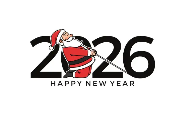 5K Ultra HD PC desktop wallpaper: Santa Claus pulling oversized '2026' digits with 'Happy New Year' text in a cheerful Christmas-themed design.