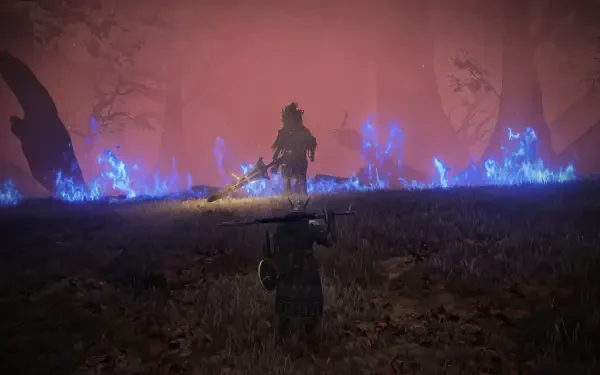 4K Ultra HD Elden Ring Nightreign wallpaper: lone warrior approaches the Nameless King across a scorched, blood-red battlefield lit by eerie blue ghost flames.