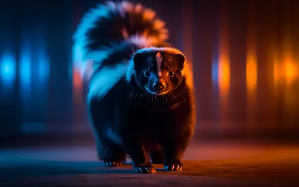 Skunk on a glossy floor under blue and orange neon lights, high-contrast portrait — 4K Ultra HD PC desktop wallpaper/background.