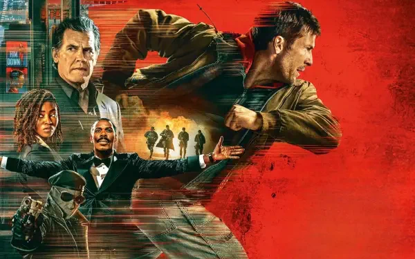 The Running Man — 4K Ultra HD PC Desktop Wallpaper and Background: red action poster featuring a sprinting hero, supporting characters, a masked fighter and silhouetted soldiers.