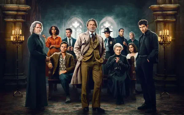 4K Ultra HD PC desktop wallpaper and background for Wake Up Dead Man: A Knives Out Mystery — moody mansion interior with an ensemble of suspects and detectives posed.