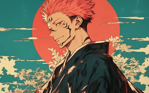 AI-art 2K Quad HD PC wallpaper of Yuji Itadori/Sukuna from Jujutsu Kaisen, anime-style portrait with a smirk, red sun halo and floral teal background.