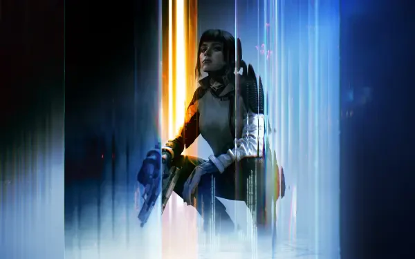 Call of Duty: Black Ops 7 4K Ultra HD PC wallpaper: kneeling futuristic soldier in helmet holding a rifle, framed by vertical blue and orange light beams and digital glitch effects.