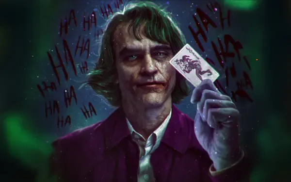 Joker with smeared clown makeup and purple suit holds a Joker card before red HA HA scrawl — moody 5K Ultra HD PC desktop wallpaper and background.