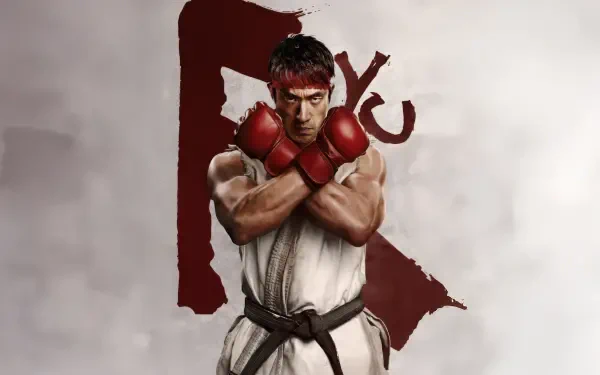 Street Fighter (2026) 5K Ultra HD PC desktop wallpaper: muscular fighter in a white gi with red gloves, arms crossed in front of a bold red kanji brushstroke on a misty background.