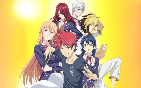 Food Wars: Shokugeki no Soma 2K Quad HD PC desktop wallpaper featuring Soma and five classmates in dynamic poses against a warm, glowing yellow backdrop.