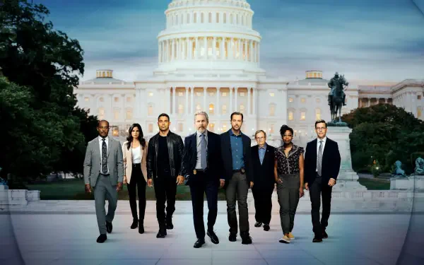 NCIS 4K Ultra HD PC desktop wallpaper: an ensemble of investigators walking toward the camera on the National Mall with the U.S. Capitol illuminated behind them.