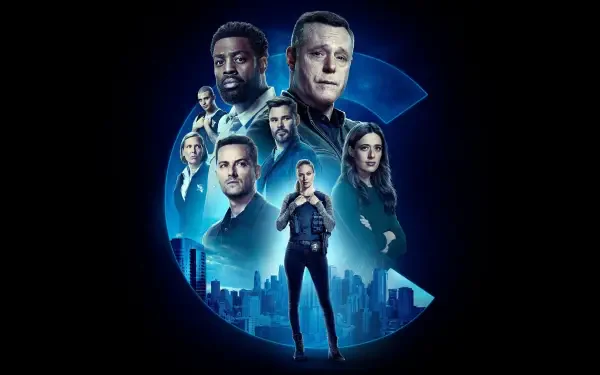 Chicago P.D. 4K Ultra HD PC wallpaper: an ensemble of police officers posed against a glowing stylized C with the Chicago skyline below, central officer standing with hands on hips.