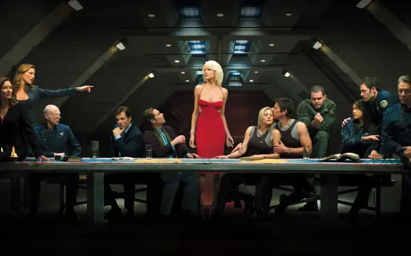 Battlestar Galactica (2003) scene: dim war-room with crew around a long table; a woman in a red dress stands center. 2K Quad HD PC desktop wallpaper and background.