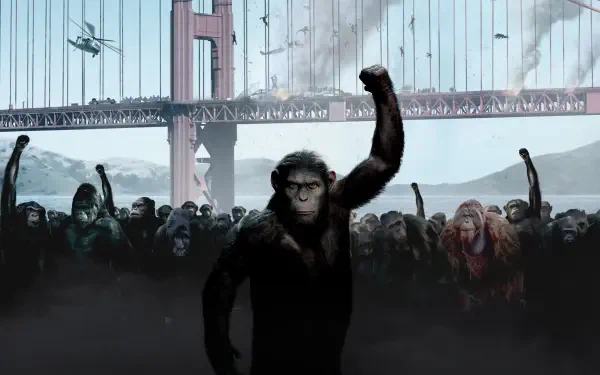 Rise of the Planet of the Apes 4K Ultra HD PC desktop wallpaper: an ape raises a fist, leading a marching army of apes in front of the Golden Gate Bridge amid helicopters and smoke.
