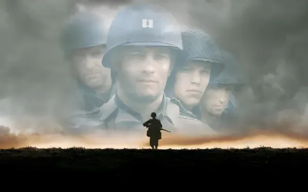 Saving Private Ryan 4K Ultra HD PC desktop wallpaper: lone soldier silhouette walks toward a smoky horizon beneath giant faded WWII helmeted faces in a moody, cinematic sky.