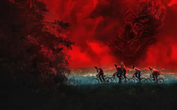 Stranger Things 4K Ultra HD PC Desktop Wallpaper and Background: silhouetted kids on bikes cross a misty road beneath a blood-red sky with a looming monstrous face.