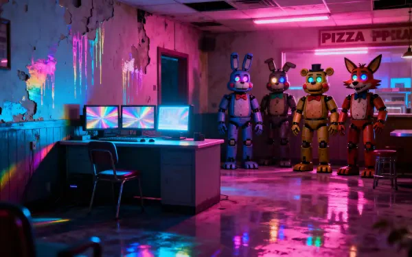Five Nights at Freddy's 4K Ultra HD PC desktop wallpaper: neon-lit pizzeria office with glowing monitors and four animatronics standing in the wet, reflective gloom.