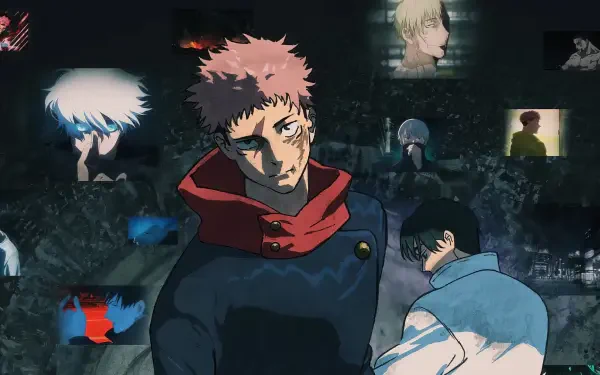 HD PC desktop wallpaper of Yuji Itadori from Jujutsu Kaisen: Execution — scarred Yuji in a red hooded jacket, surrounded by dim, fragmented portraits of other sorcerers.