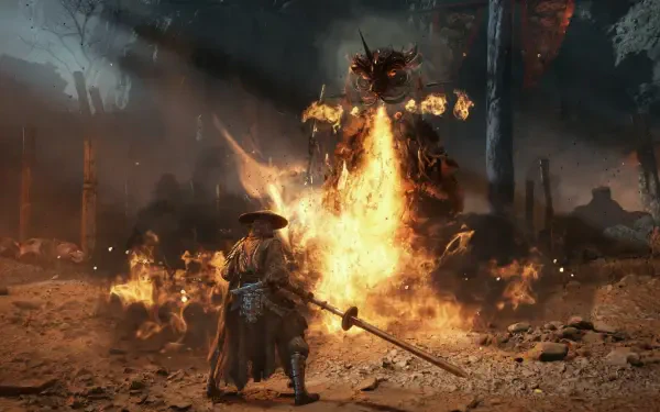 HD PC desktop wallpaper/background from the video game Phantom Blade Zero: a lone warrior in a straw hat with a polearm faces a towering flaming demon amid a scorched battlefield.