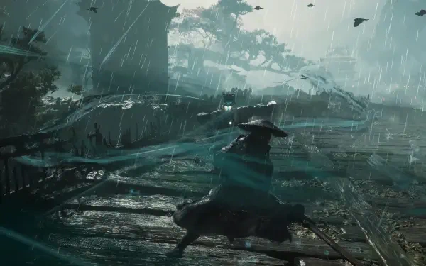 HD PC desktop wallpaper of the video game Phantom Blade Zero: cloaked swordsman on a rain-slick boardwalk, sword drawn amid stormy mist and twisted trees.