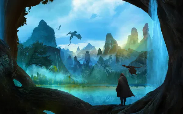 Artistic fantasy landscape 2K Quad HD PC desktop wallpaper and background: cloaked man watches dragons over a misty lake framed by towering cliffs and a cascading waterfall.