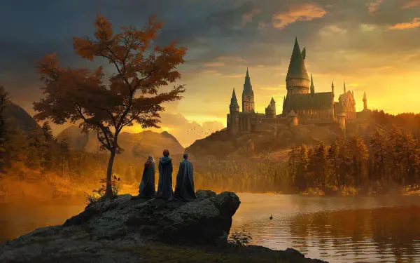 Hogwarts Castle at sunset above a misty lake, three cloaked figures on a rocky shore; a fantasy Harry Potter landscape rendered as a 2K Quad HD PC desktop wallpaper.