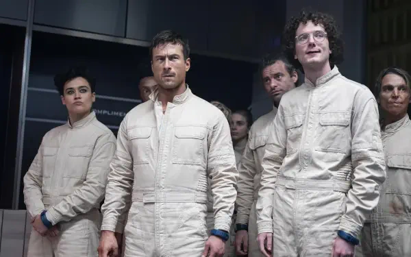 Scene from the movie The Running Man: a group of men in white jumpsuits standing tense in a dim arena — 4K Ultra HD PC desktop wallpaper/background.