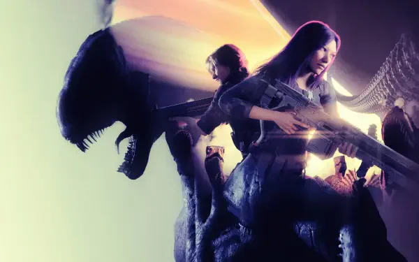 HD PC desktop wallpaper for video game Code Violet: armed heroine and allies back-to-back with a snarling alien silhouette bathed in violet light.