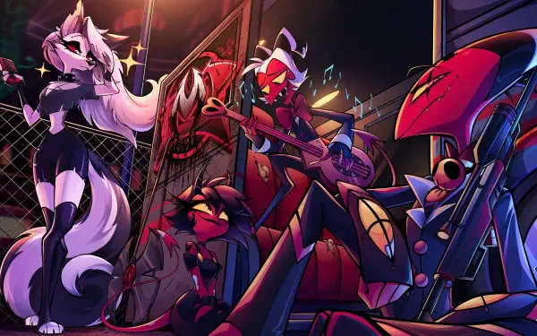 Helluva Boss HD PC desktop wallpaper: neon-lit scene of the show's demon characters posing and playing instruments like a rock band in a gritty backstage alley.