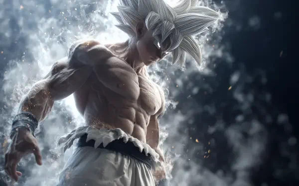 Dragon Ball Ultra Instinct figure with white hair and rippling muscles amid swirling mist and energy, 2K Quad HD PC desktop wallpaper and mobile phone background.