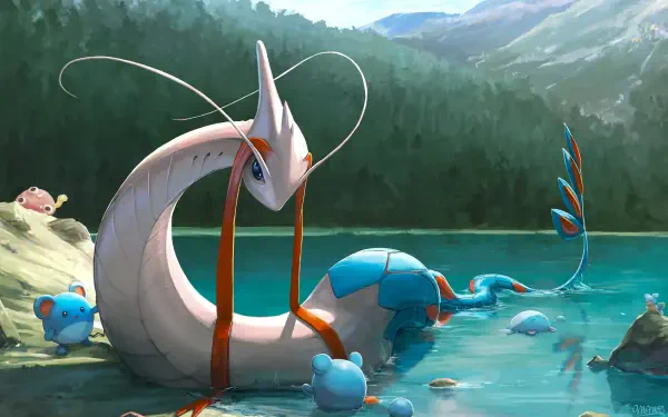 HD PC desktop wallpaper: anime Pokémon scene of a graceful Milotic lounging in a mountain lake with several Marill splashing nearby and a Shuckle perched on a lakeside rock.