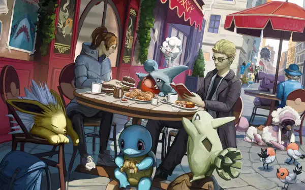 HD PC wallpaper: a cozy street café with Pokémon—Squirtle, Jolteon, Tyranitar and Gible—relaxing around a table while a trainer sips coffee.