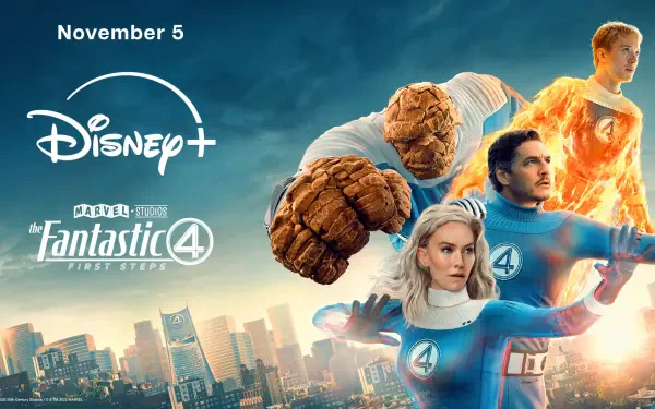 HD PC desktop wallpaper/background: The Fantastic Four: First Steps movie poster — Invisible Woman, Mister Fantastic, Human Torch and The Thing pose over a city skyline with the Disney+ logo.