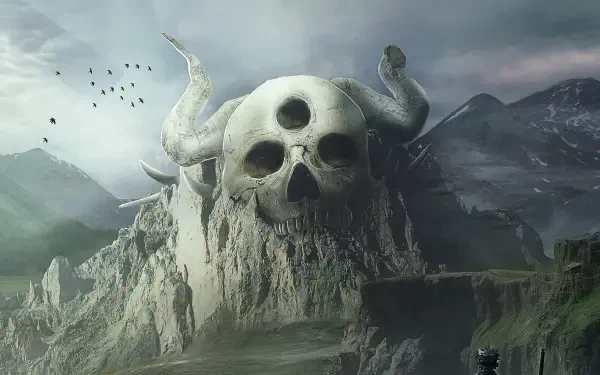 Black Clover 2K Quad HD PC desktop wallpaper/background: colossal horned skull carved into a fog-shrouded mountain, birds in the sky and a lone figure on a cliff.