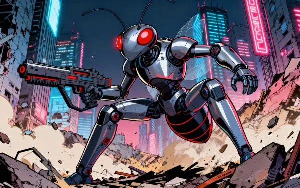 4K Ultra HD PC desktop wallpaper and background: cyberpunk robotic ant with glowing red eyes and heavy blaster crouches amid neon skyscrapers and rubble.