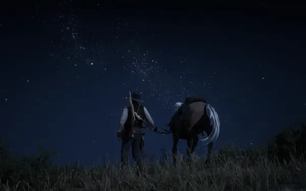 Video game 2K Quad HD PC desktop wallpaper/background from Red Dead Redemption 2: a cowboy walks with his horse across grassy plains beneath a star-filled night sky.