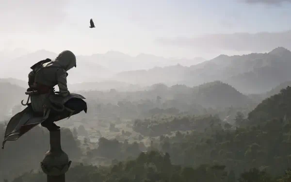 Video game Assassin's Creed Mirage 4K Ultra HD PC desktop background: hooded assassin perched atop a minaret, overlooking a misty cityscape at dawn with a bird in flight.