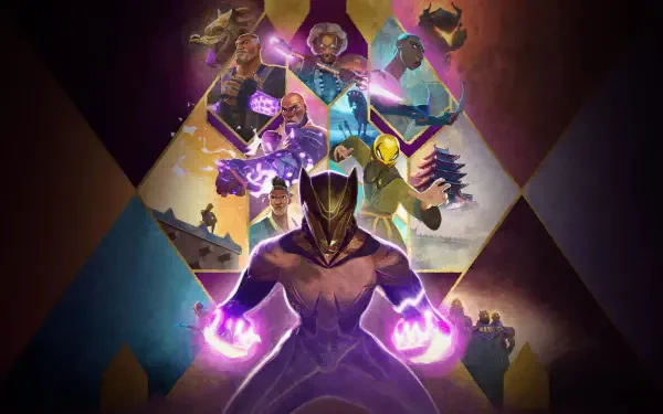 Eyes of Wakanda — 4K Ultra HD PC desktop wallpaper and background: central Wakandan hero with glowing purple palms and a triangular collage of heroes, masks, and futuristic tech.