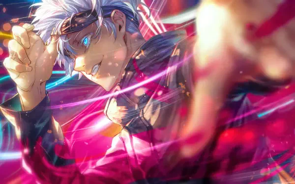 Jujutsu Kaisen's Satoru Gojo smirking with his blindfold lifted, neon pink and blue energy streaks swirling around him — dynamic 4K Ultra HD PC desktop wallpaper/background.