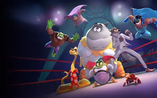 The Bad Guys 2 4K Ultra HD PC Desktop Wallpaper and Background: animated animal heist crew striking poses in a neon-lit boxing ring.