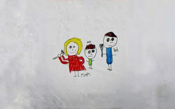 Childlike drawing of three stick-figure family members, one in red holding a knife; simple sketch on white paper — 4K Ultra HD PC desktop wallpaper and background.
