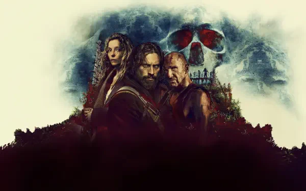 28 Years Later — HD PC desktop wallpaper: three grim figures in the foreground beneath a skull-shaped cloud and ruined city silhouette, moody blue and sepia tones.