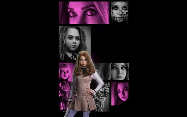 M3GAN 2.0 collage in purple and black tones: central doll figure with multiple facial close-ups; 4K Ultra HD PC Desktop Wallpaper and Background.