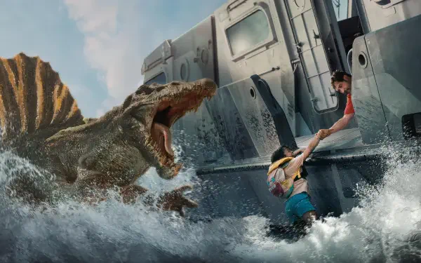 Jurassic World Rebirth 4K Ultra HD PC desktop wallpaper and background: roaring dinosaur bursts from turbulent water beside a damaged transport as a rescuer reaches for a stranded person.