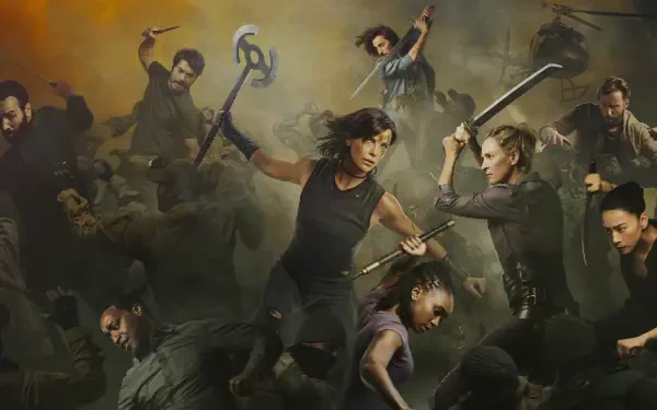 The Old Guard 2 4K Ultra HD PC desktop wallpaper/background, a smoky battlefield where immortal warriors clash, swords and weapons raised, a central female leader in motion.