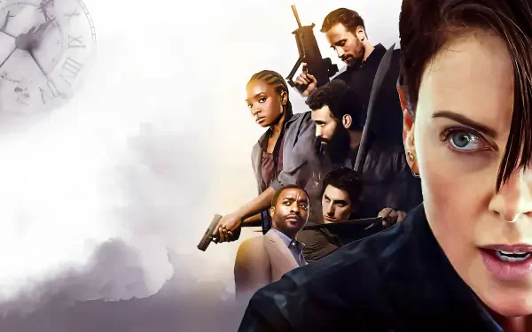 The Old Guard 2K Quad HD PC desktop wallpaper: close-up of a determined woman and a squad of armed fighters against a misty clock motif background.